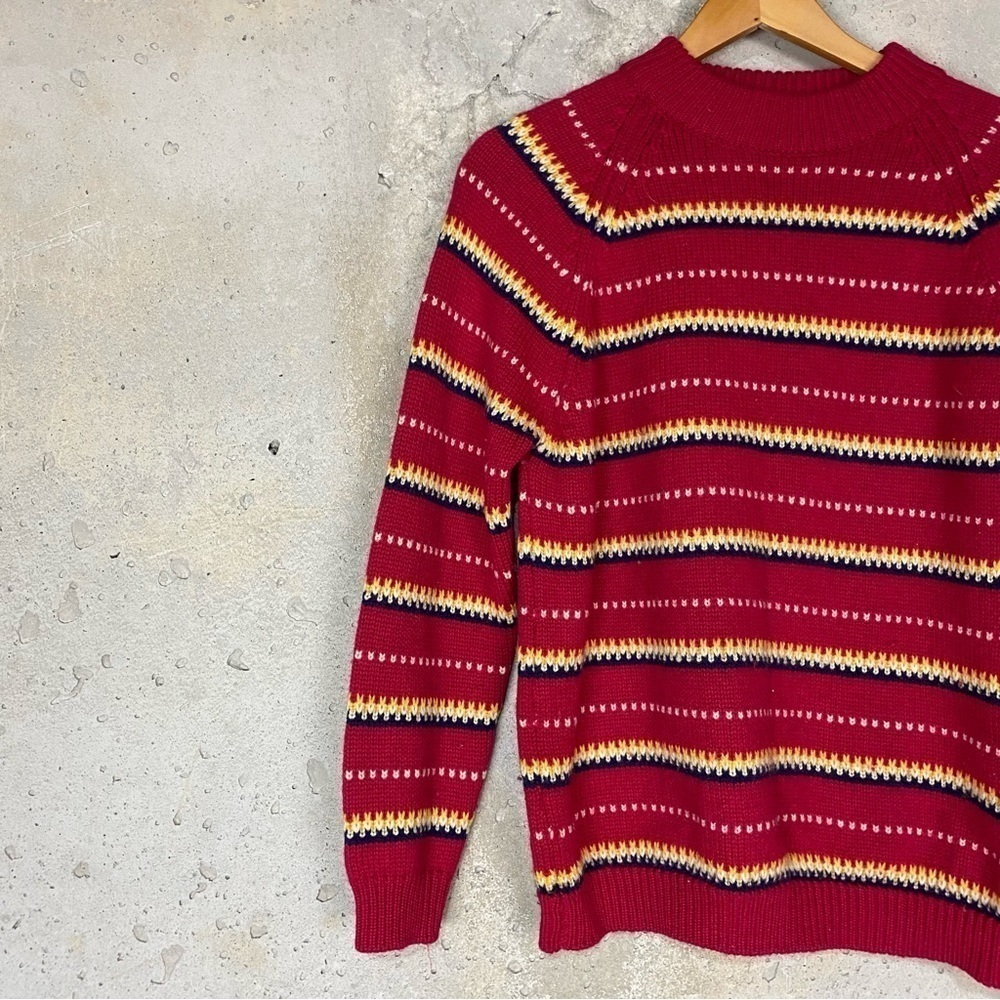 Vintage Charles & co red yellow navy blue white striped crew neck wool sweater